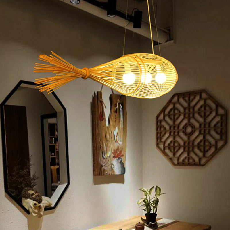 Fish Restaurant Chandelier Pendant Light Bamboo 3-Bulb Asia Hanging Lamp in Wood Clearhalo 'Ceiling Lights' 'Chandeliers' Lighting' options 2326370