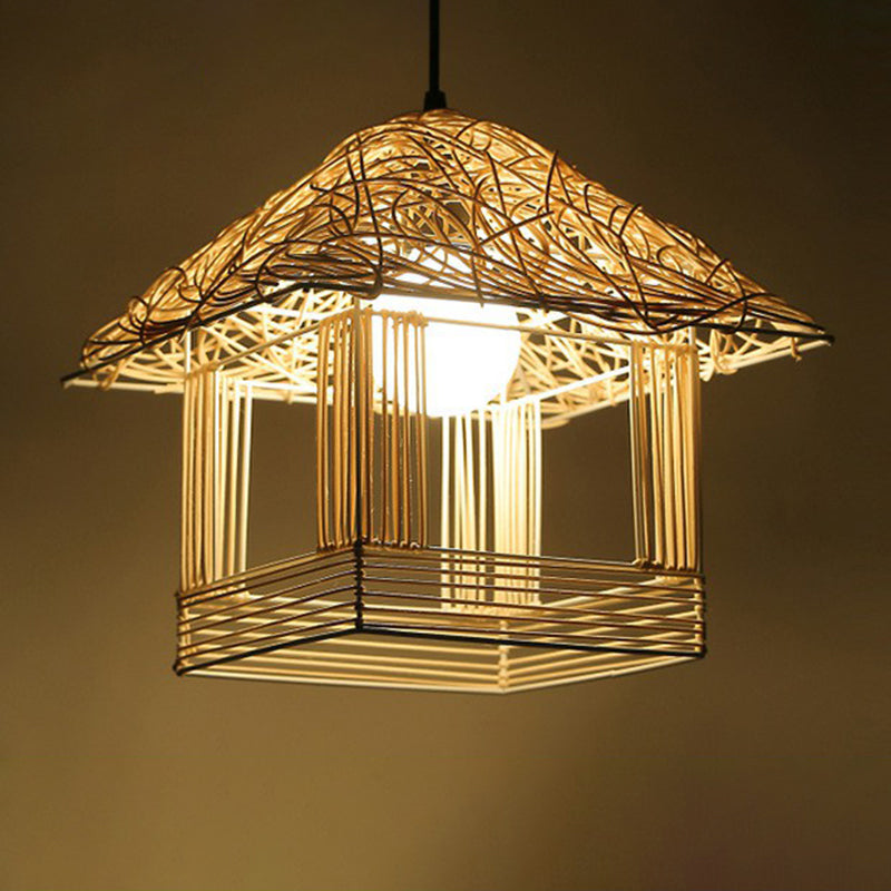 Rattan Cage Pendulum Light Country 1 Bulb Beige Hanging Ceiling Light for Restaurant Clearhalo 'Ceiling Lights' 'Pendant Lights' 'Pendants' Lighting' 2326376