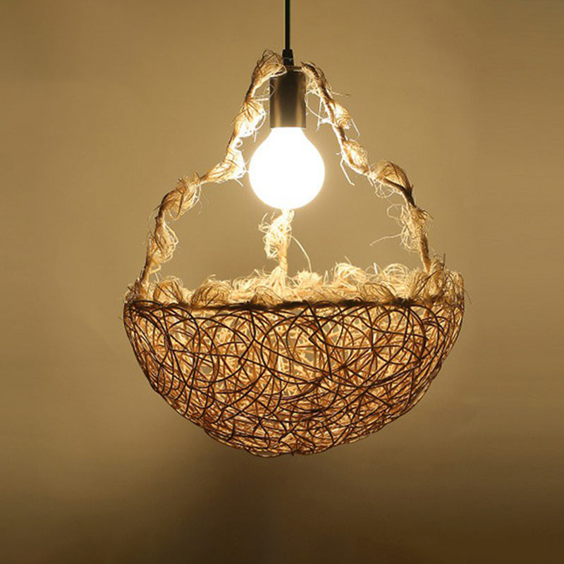 Rattan Cage Pendulum Light Country 1 Bulb Beige Hanging Ceiling Light for Restaurant Clearhalo 'Ceiling Lights' 'Pendant Lights' 'Pendants' Lighting' 2326378