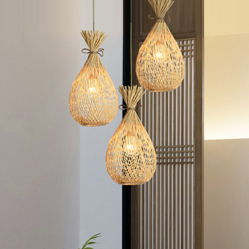 Wood Teardrop Shaped Hanging Light Fixture Cottage 3 Heads Bamboo Cluster Pendant Light Clearhalo 'Ceiling Lights' 'Pendant Lights' 'Pendants' Lighting' 2326405