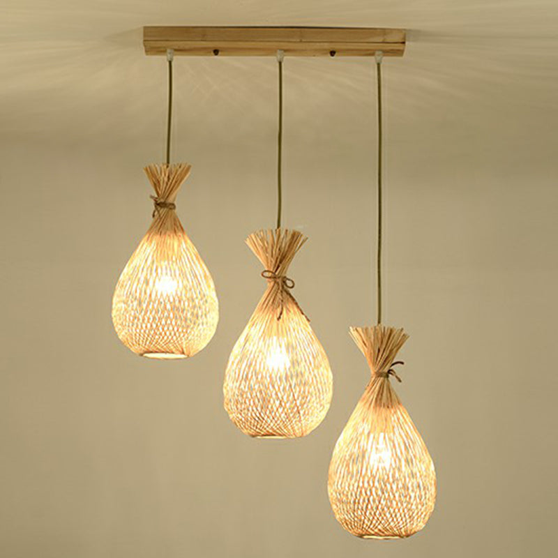 Wood Teardrop Shaped Hanging Light Fixture Cottage 3 Heads Bamboo Cluster Pendant Light Clearhalo 'Ceiling Lights' 'Pendant Lights' 'Pendants' Lighting' 2326406