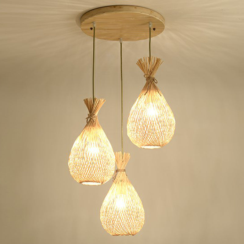 Wood Teardrop Shaped Hanging Light Fixture Cottage 3 Heads Bamboo Cluster Pendant Light 3 Wood Round Clearhalo 'Ceiling Lights' 'Pendant Lights' 'Pendants' Lighting' 2326409_a4058578-cfca-4986-a1fc-6046194817a4