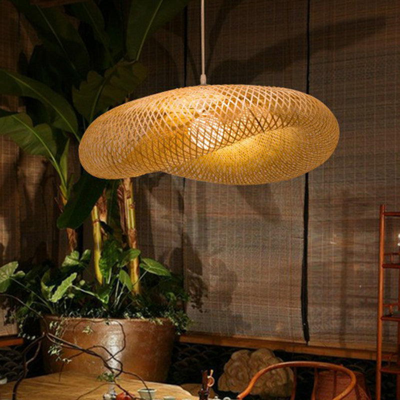 Bamboo Mesh Pendant Light Fixture Creative Asian 1-Light Beige Suspension Light for Tea Room Beige Clearhalo 'Ceiling Lights' 'Pendant Lights' 'Pendants' Lighting' 2326416_a9c9881f-bcda-4287-9993-f44df3e9f2c9