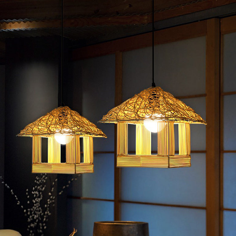 House Shaped Drop Pendant Asian Bamboo 1-Light Restaurant Hanging Light in Beige Clearhalo 'Ceiling Lights' 'Pendant Lights' 'Pendants' Lighting' 2326422