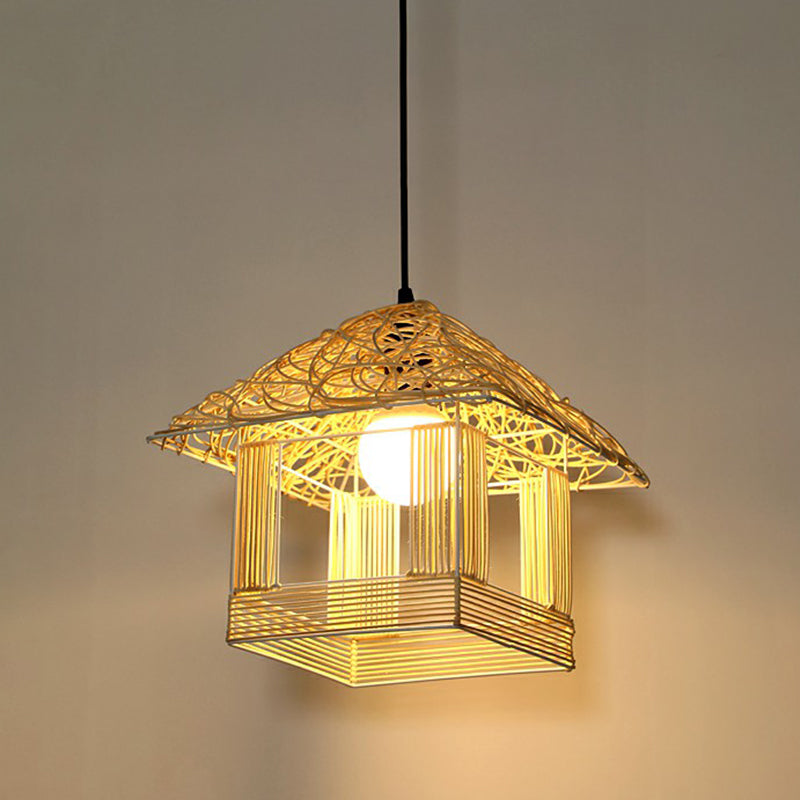 House Shaped Drop Pendant Asian Bamboo 1-Light Restaurant Hanging Light in Beige Clearhalo 'Ceiling Lights' 'Pendant Lights' 'Pendants' Lighting' 2326423