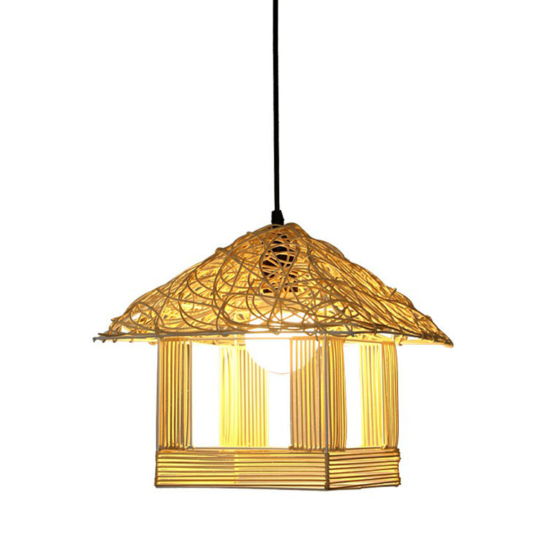 House Shaped Drop Pendant Asian Bamboo 1-Light Restaurant Hanging Light in Beige Clearhalo 'Ceiling Lights' 'Pendant Lights' 'Pendants' Lighting' 2326424