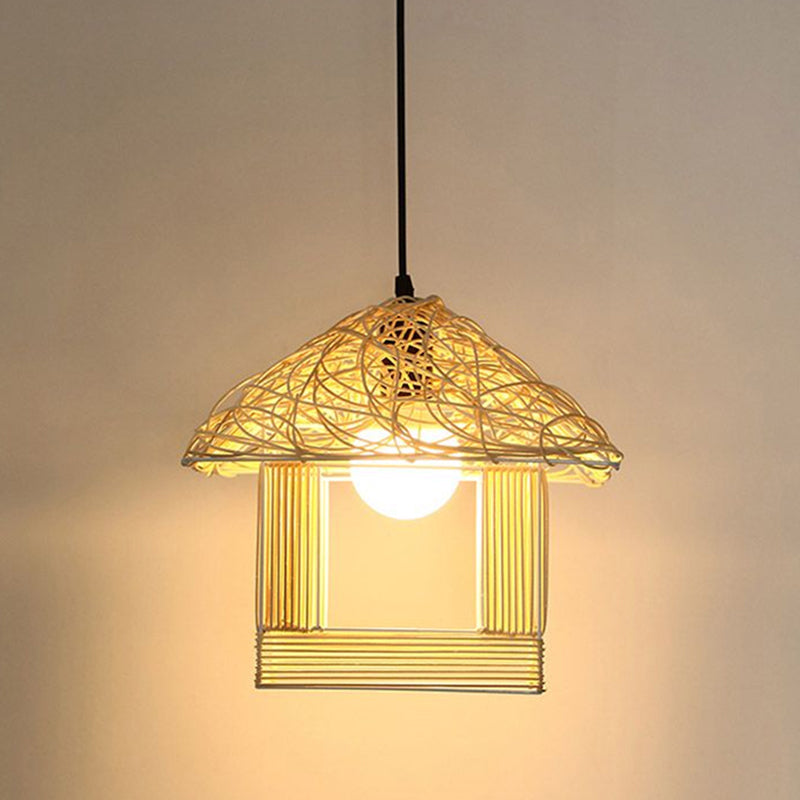 House Shaped Drop Pendant Asian Bamboo 1-Light Restaurant Hanging Light in Beige Clearhalo 'Ceiling Lights' 'Pendant Lights' 'Pendants' Lighting' 2326425