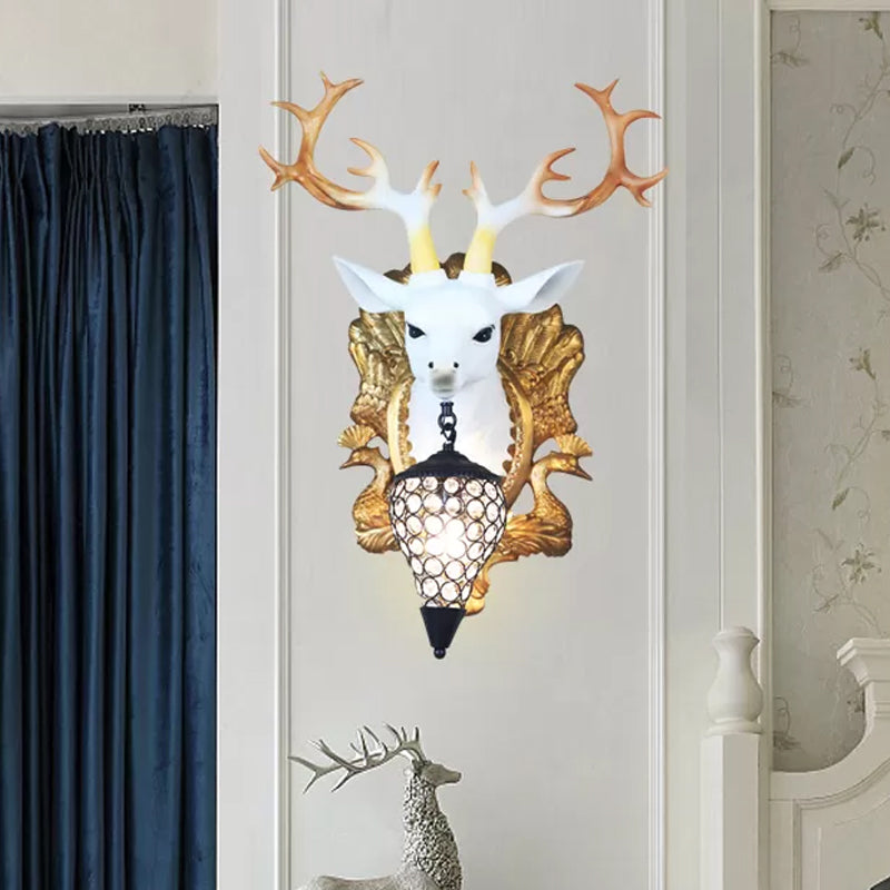 Country Deer Head Sconce Lamp 1 Light Resin Wall Lighting in Black/White with Droplet Crystal Shade White Clearhalo 'Wall Lamps & Sconces' 'Wall Lights' Lighting' 232643