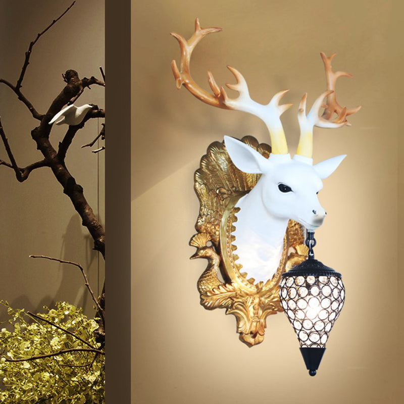 Country Deer Head Sconce Lamp 1 Light Resin Wall Lighting in Black/White with Droplet Crystal Shade Clearhalo 'Wall Lamps & Sconces' 'Wall Lights' Lighting' 232644