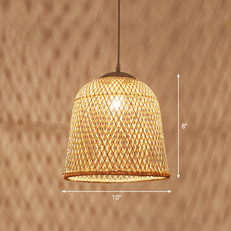 Hand Woven Bamboo Pendant Light Kit Asian 1 Head Beige Suspended Lighting Fixture Clearhalo 'Ceiling Lights' 'Pendant Lights' 'Pendants' Lighting' 2326456