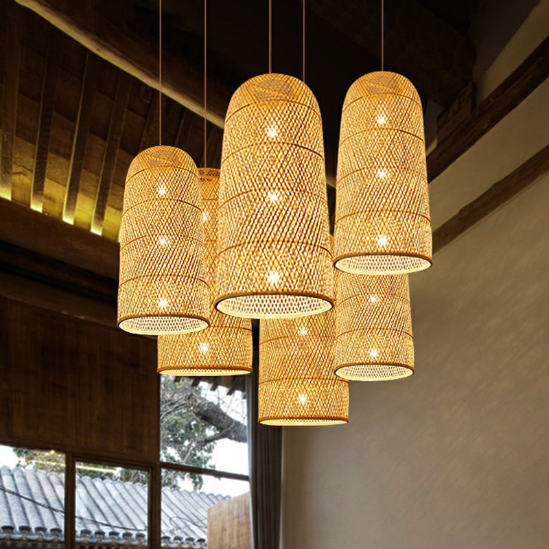 Hand Woven Bamboo Pendant Light Kit Asian 1 Head Beige Suspended Lighting Fixture Clearhalo 'Ceiling Lights' 'Pendant Lights' 'Pendants' Lighting' 2326457