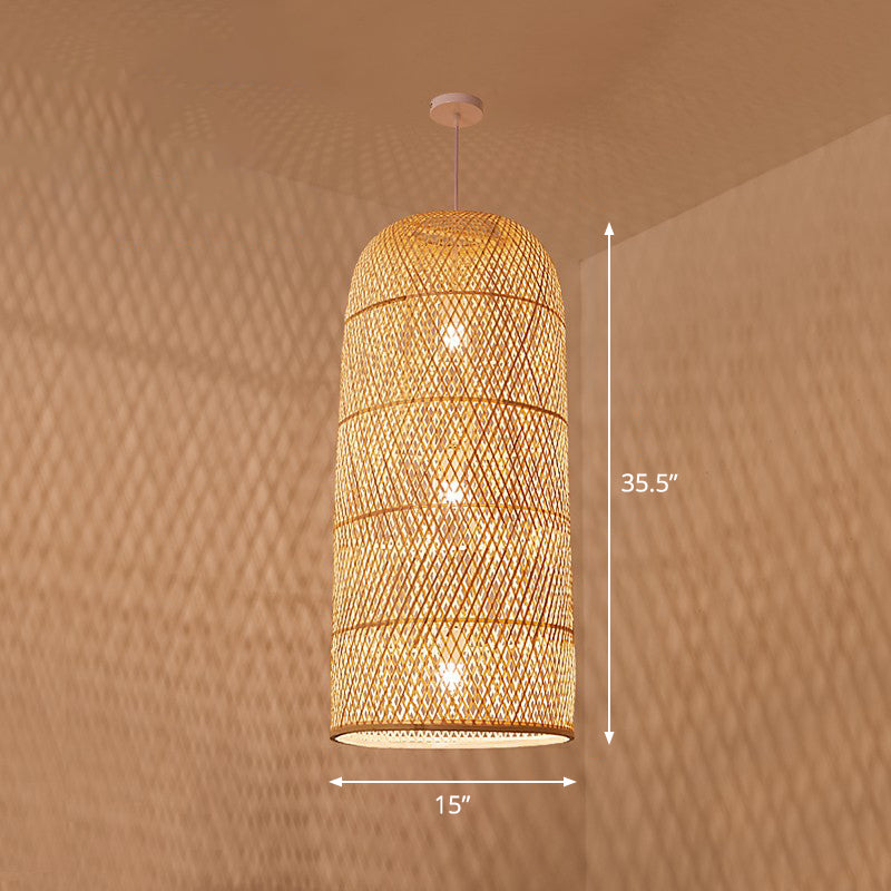 Hand Woven Bamboo Pendant Light Kit Asian 1 Head Beige Suspended Lighting Fixture Clearhalo 'Ceiling Lights' 'Pendant Lights' 'Pendants' Lighting' 2326458