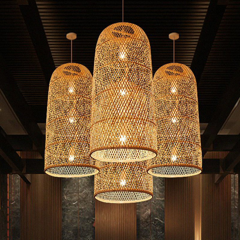 Hand Woven Bamboo Pendant Light Kit Asian 1 Head Beige Suspended Lighting Fixture Clearhalo 'Ceiling Lights' 'Pendant Lights' 'Pendants' Lighting' 2326459