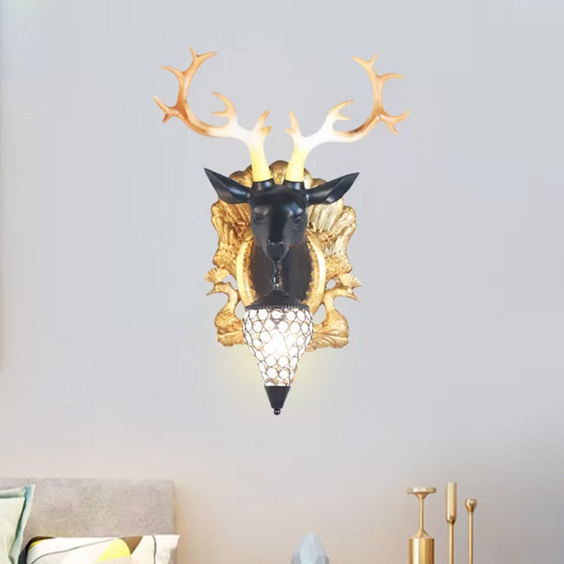 Country Deer Head Sconce Lamp 1 Light Resin Wall Lighting in Black/White with Droplet Crystal Shade Black Clearhalo 'Wall Lamps & Sconces' 'Wall Lights' Lighting' 232646