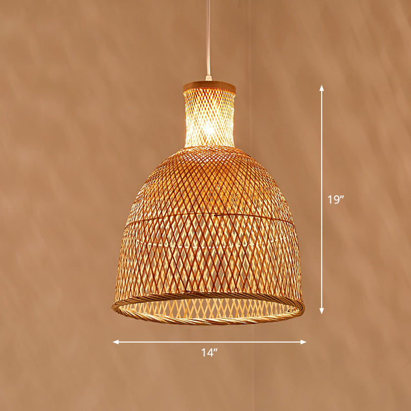 Hand Woven Bamboo Pendant Light Kit Asian 1 Head Beige Suspended Lighting Fixture Clearhalo 'Ceiling Lights' 'Pendant Lights' 'Pendants' Lighting' 2326462