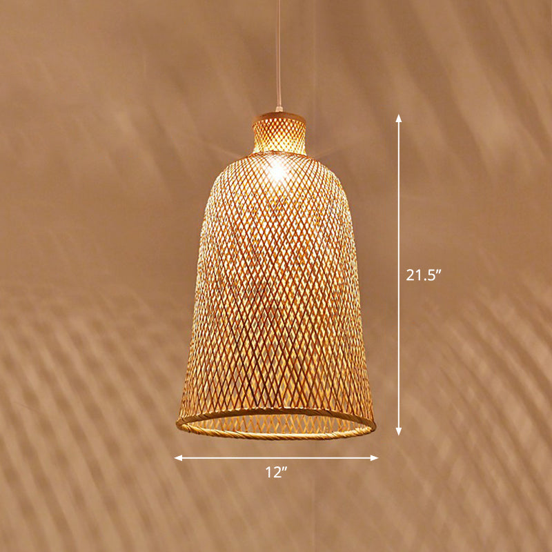 Hand Woven Bamboo Pendant Light Kit Asian 1 Head Beige Suspended Lighting Fixture Clearhalo 'Ceiling Lights' 'Pendant Lights' 'Pendants' Lighting' 2326464