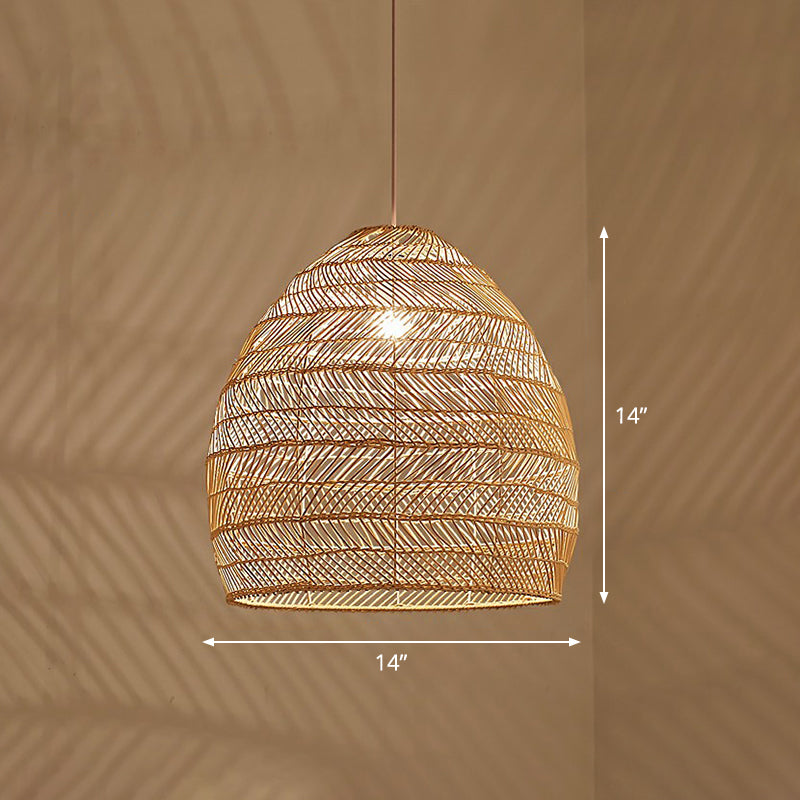 Single-Bulb Restaurant Hanging Lamp Minimalist Ceiling Light with Cloche Rattan Shade Wood 14" Clearhalo 'Ceiling Lights' 'Pendant Lights' 'Pendants' Lighting' 2326466_4d2618bd-6c20-43d8-bb8a-b071dab6a179