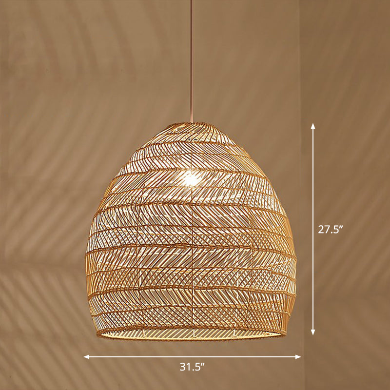 Single-Bulb Restaurant Hanging Lamp Minimalist Ceiling Light with Cloche Rattan Shade Wood 31.5" Clearhalo 'Ceiling Lights' 'Pendant Lights' 'Pendants' Lighting' 2326473_9a7109bd-96d1-4042-9a65-e6cb5073b441