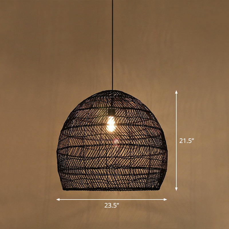 Single-Bulb Restaurant Hanging Lamp Minimalist Ceiling Light with Cloche Rattan Shade Black 23.5" Clearhalo 'Ceiling Lights' 'Pendant Lights' 'Pendants' Lighting' 2326478_c9029ec7-4205-412f-a687-4b09729c75ba