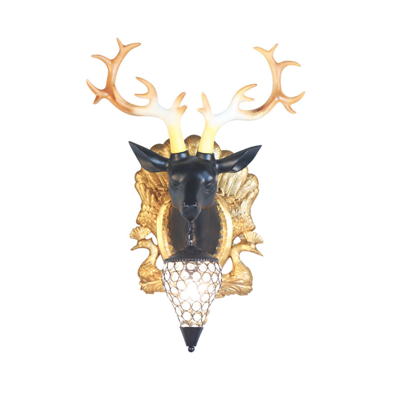 Country Deer Head Sconce Lamp 1 Light Resin Wall Lighting in Black/White with Droplet Crystal Shade Clearhalo 'Wall Lamps & Sconces' 'Wall Lights' Lighting' 232648