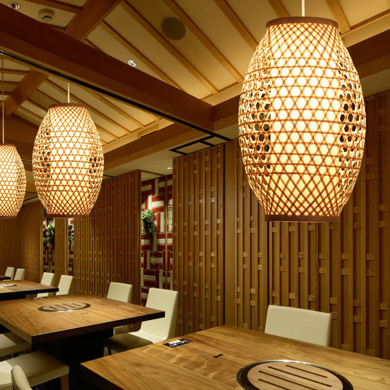 Oval Restaurant Hanging Light Fixture Bamboo Single Asian Suspension Lamp in Beige Clearhalo 'Ceiling Lights' 'Pendant Lights' 'Pendants' Lighting' 2326480