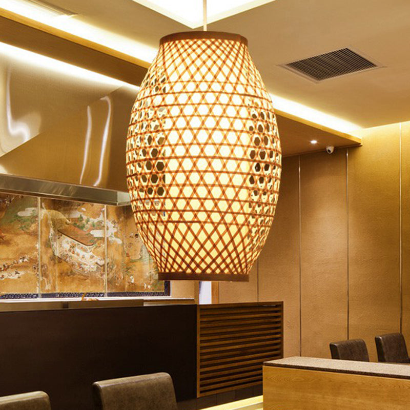 Oval Restaurant Hanging Light Fixture Bamboo Single Asian Suspension Lamp in Beige Clearhalo 'Ceiling Lights' 'Pendant Lights' 'Pendants' Lighting' 2326484