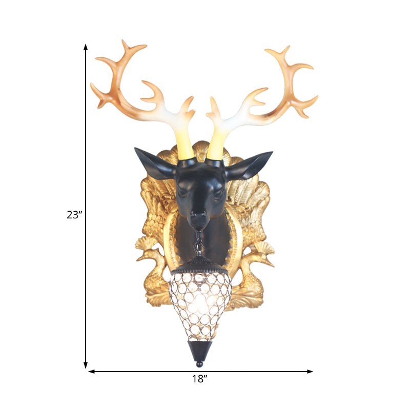 Country Deer Head Sconce Lamp 1 Light Resin Wall Lighting in Black/White with Droplet Crystal Shade Clearhalo 'Wall Lamps & Sconces' 'Wall Lights' Lighting' 232649