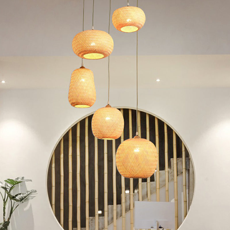 Beige Spheroid Pendant Light Fixture Asia 1-Light Bamboo Suspension Lighting for Restaurant Clearhalo 'Ceiling Lights' 'Pendant Lights' 'Pendants' Lighting' 2326496