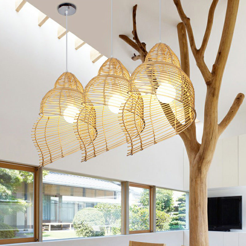 Spiral Shell Rattan Ceiling Hang Light Asian 1 Head Wood Down Lighting Pendant for Dining Room Clearhalo 'Ceiling Lights' 'Pendant Lights' 'Pendants' Lighting' 2326506