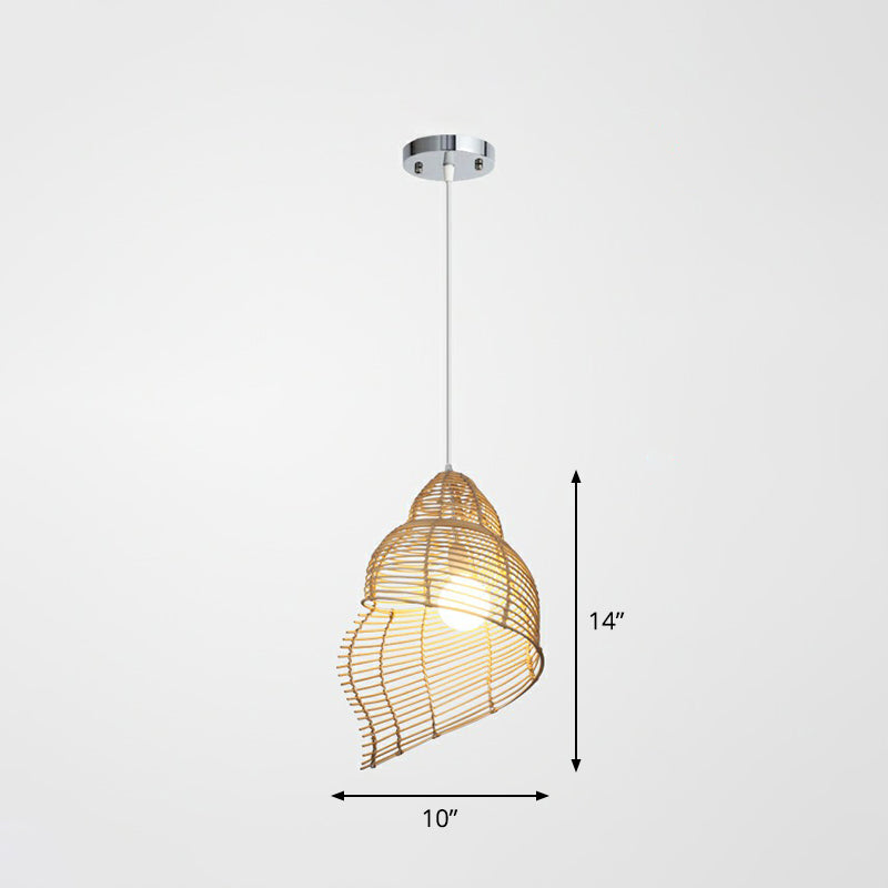 Spiral Shell Rattan Ceiling Hang Light Asian 1 Head Wood Down Lighting Pendant for Dining Room Clearhalo 'Ceiling Lights' 'Pendant Lights' 'Pendants' Lighting' 2326507