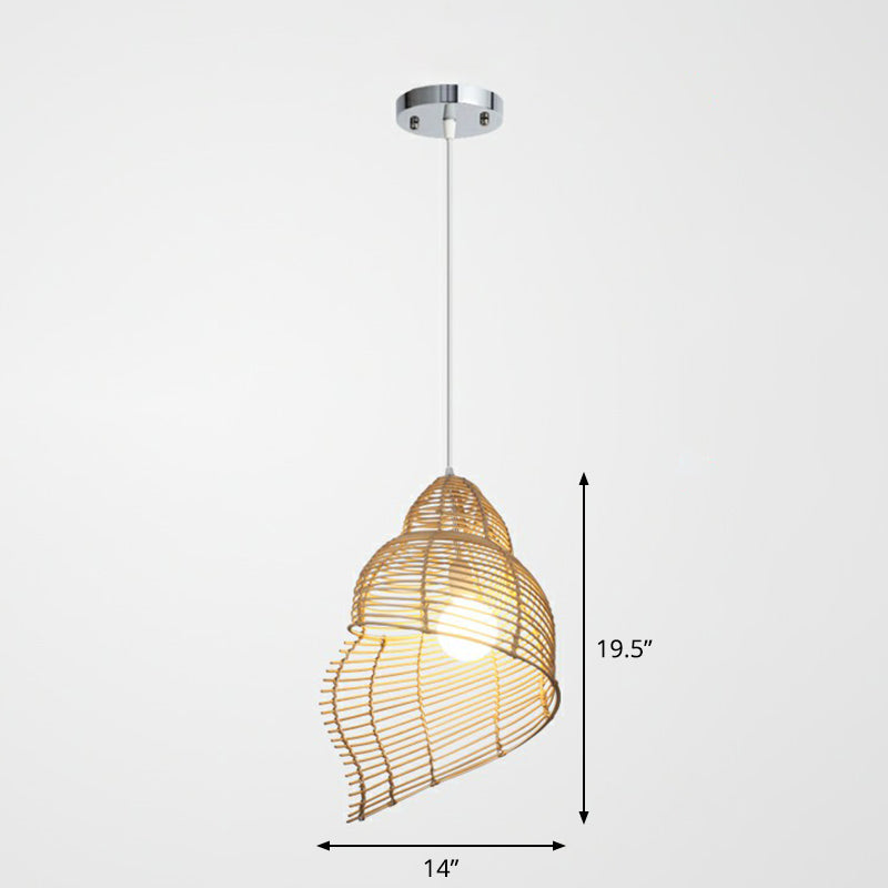 Spiral Shell Rattan Ceiling Hang Light Asian 1 Head Wood Down Lighting Pendant for Dining Room Clearhalo 'Ceiling Lights' 'Pendant Lights' 'Pendants' Lighting' 2326511