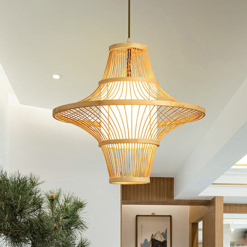 Symmetric Cage Bamboo Pendant Lamp Modern 1-Light Wood Pendulum Light for Restaurant Clearhalo 'Ceiling Lights' 'Pendant Lights' 'Pendants' Lighting' 2326522