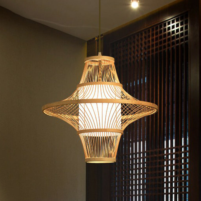 Symmetric Cage Bamboo Pendant Lamp Modern 1-Light Wood Pendulum Light for Restaurant Clearhalo 'Ceiling Lights' 'Pendant Lights' 'Pendants' Lighting' 2326524