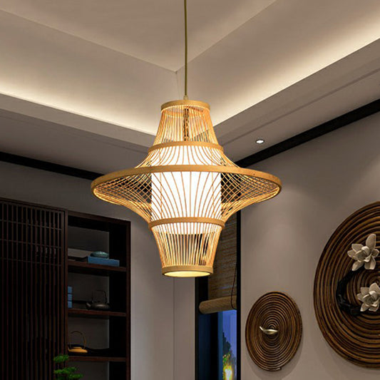 Symmetric Cage Bamboo Pendant Lamp Modern 1-Light Wood Pendulum Light for Restaurant Clearhalo 'Ceiling Lights' 'Pendant Lights' 'Pendants' Lighting' 2326525