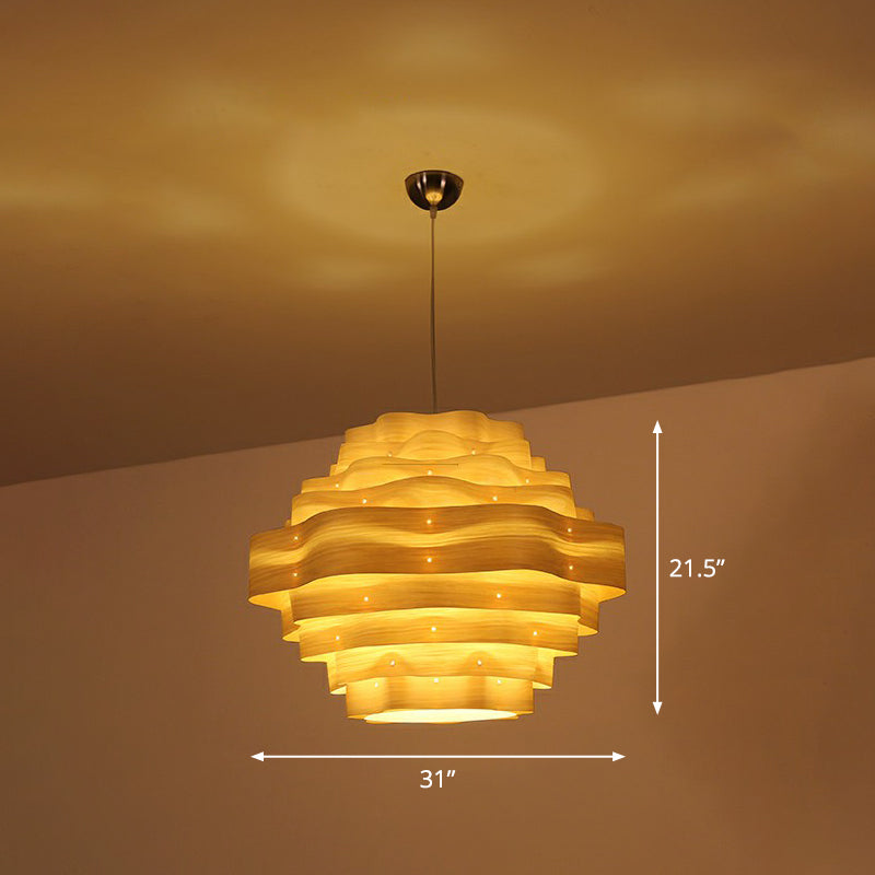 Modern Wavy Shade Pendant Lighting Wood Veneer 1 Bulb Restaurant Hanging Lamp Kit Clearhalo 'Ceiling Lights' 'Pendant Lights' 'Pendants' Lighting' 2326534