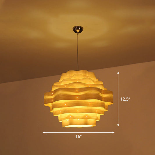 Modern Wavy Shade Pendant Lighting Wood Veneer 1 Bulb Restaurant Hanging Lamp Kit Clearhalo 'Ceiling Lights' 'Pendant Lights' 'Pendants' Lighting' 2326535