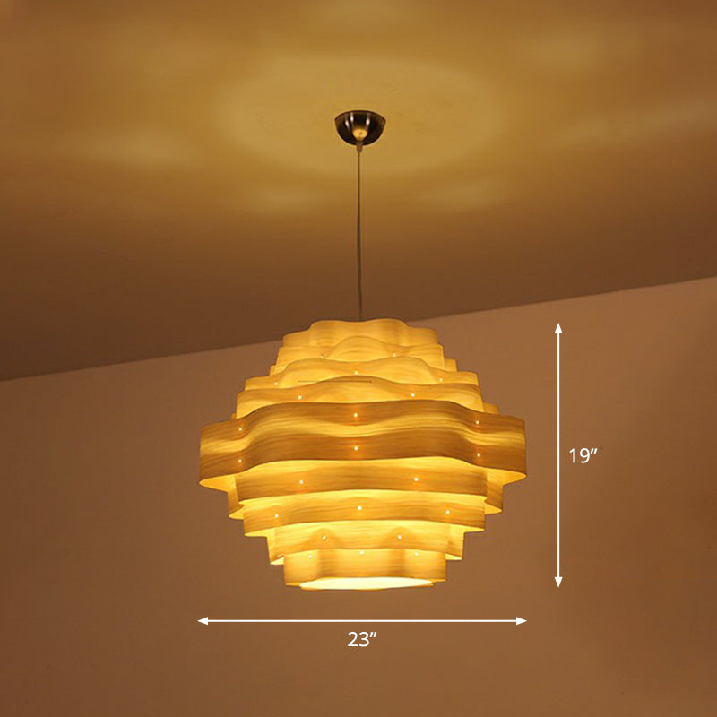 Modern Wavy Shade Pendant Lighting Wood Veneer 1 Bulb Restaurant Hanging Lamp Kit Clearhalo 'Ceiling Lights' 'Pendant Lights' 'Pendants' Lighting' 2326537