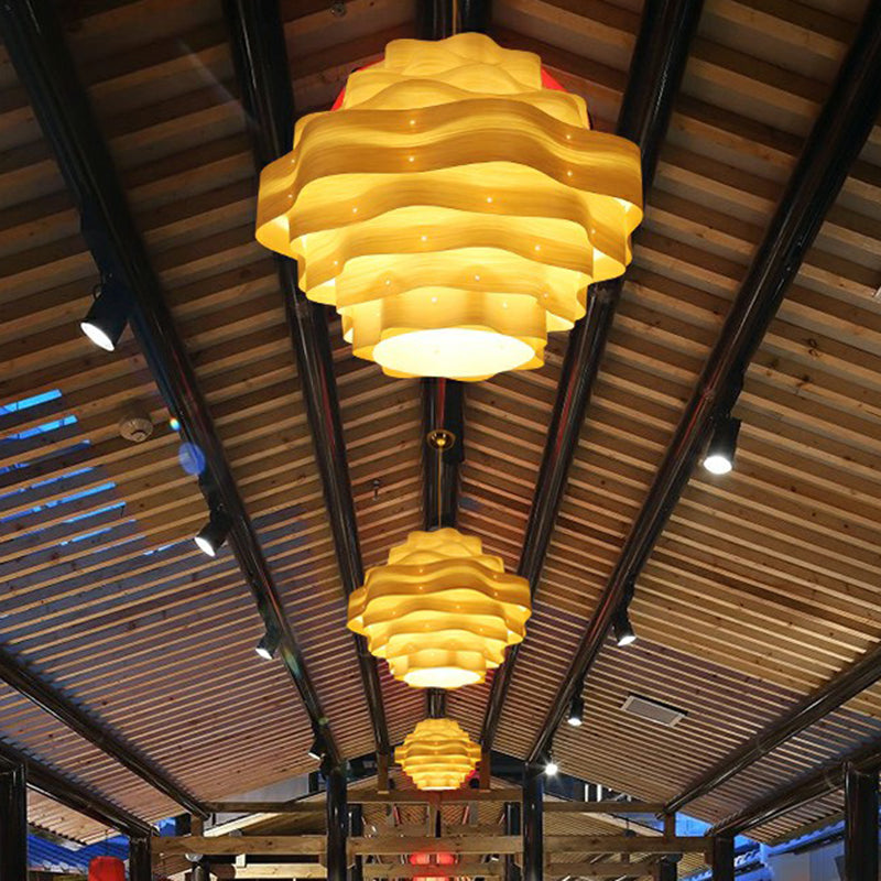 Modern Wavy Shade Pendant Lighting Wood Veneer 1 Bulb Restaurant Hanging Lamp Kit Clearhalo 'Ceiling Lights' 'Pendant Lights' 'Pendants' Lighting' 2326538