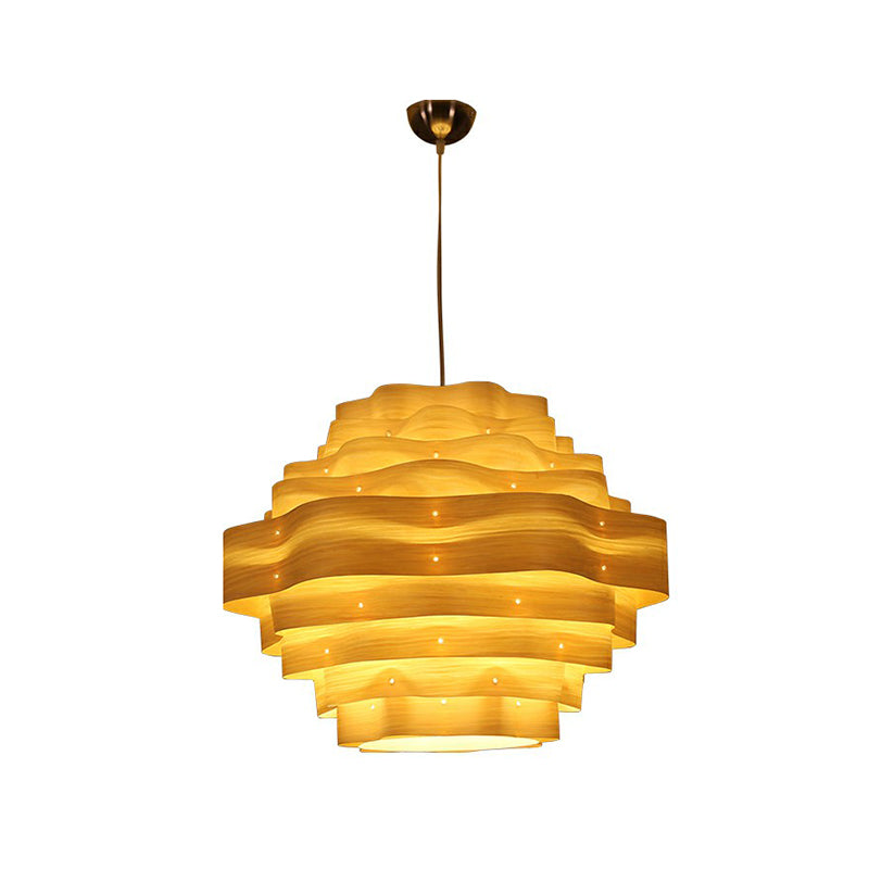 Modern Wavy Shade Pendant Lighting Wood Veneer 1 Bulb Restaurant Hanging Lamp Kit Clearhalo 'Ceiling Lights' 'Pendant Lights' 'Pendants' Lighting' 2326542