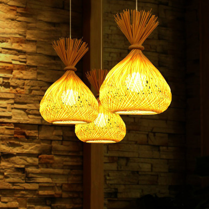 Onion Shaped Dining Room Pendant Bamboo Single-Bulb Asian Hanging Light in Beige Clearhalo 'Ceiling Lights' 'Pendant Lights' 'Pendants' Lighting' 2326545