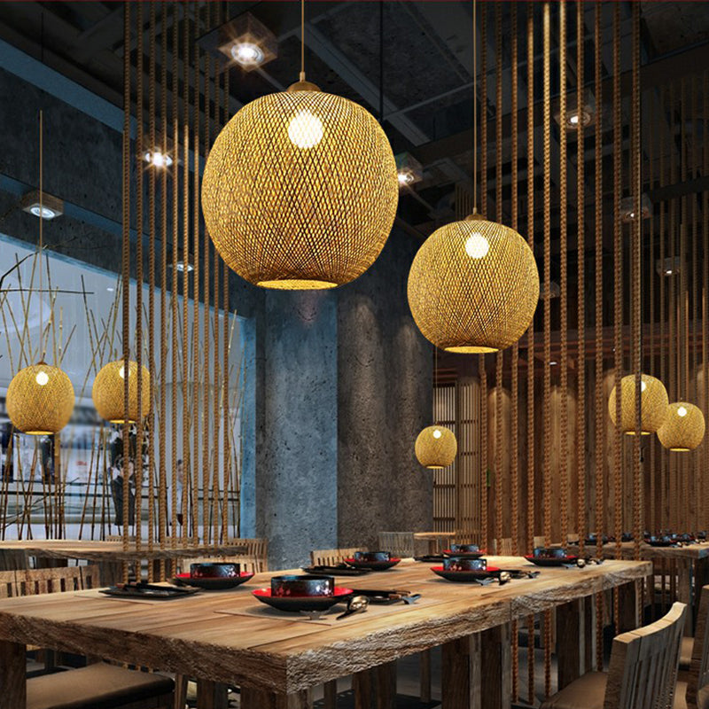 Spherical Restaurant Hanging Light Fixture Bamboo Single Asia Pendant Light in Beige Clearhalo 'Ceiling Lights' 'Pendant Lights' 'Pendants' Lighting' 2326549