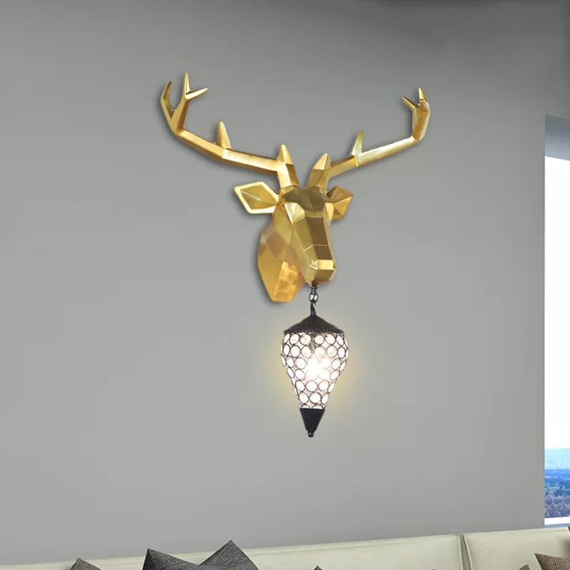 1 Light Wall Lamp Country Deer Resin Sconce Light Fixture in Black/Gold with Teardrop Crystal Shade Gold Clearhalo 'Wall Lamps & Sconces' 'Wall Lights' Lighting' 232657