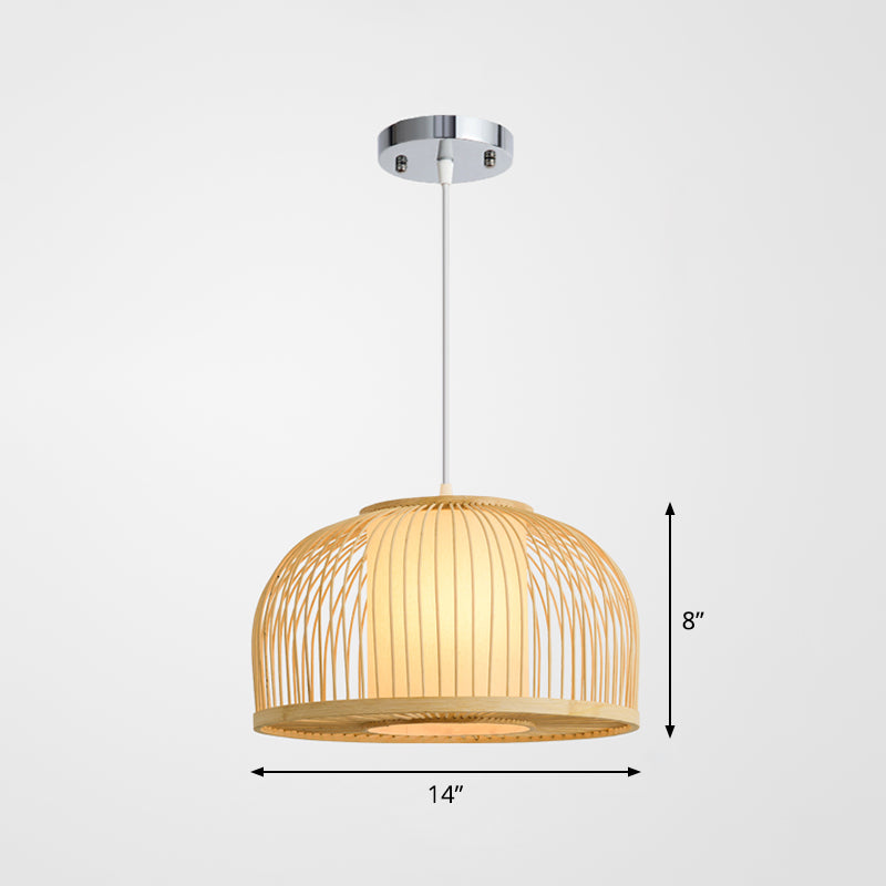 1 Bulb Restaurant Hanging Lighting Minimalist Wood Drop Pendant with Bowl Cage Bamboo Shade Clearhalo 'Ceiling Lights' 'Pendant Lights' 'Pendants' Lighting' 2326588