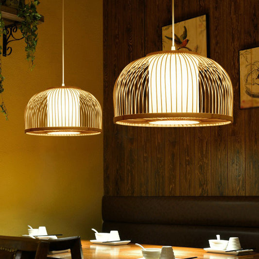 1 Bulb Restaurant Hanging Lighting Minimalist Wood Drop Pendant with Bowl Cage Bamboo Shade Clearhalo 'Ceiling Lights' 'Pendant Lights' 'Pendants' Lighting' 2326589