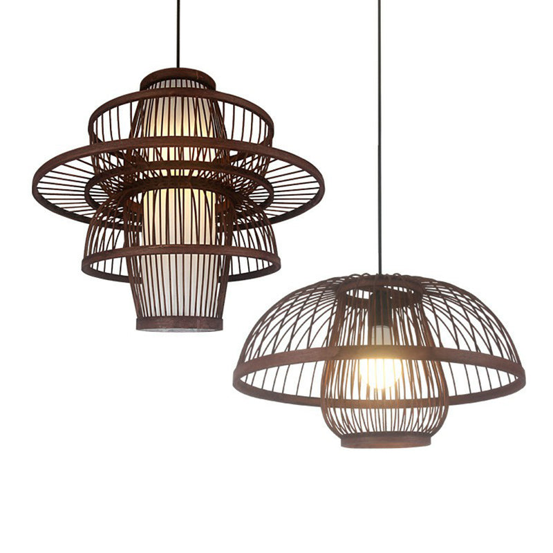 Coffee Finish Cage Hanging Lamp Contemporary Single-Bulb Bamboo Suspension Light Clearhalo 'Ceiling Lights' 'Pendant Lights' 'Pendants' Lighting' 2326598