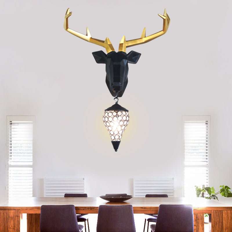 1 Light Wall Lamp Country Deer Resin Sconce Light Fixture in Black/Gold with Teardrop Crystal Shade Black Clearhalo 'Wall Lamps & Sconces' 'Wall Lights' Lighting' 232660