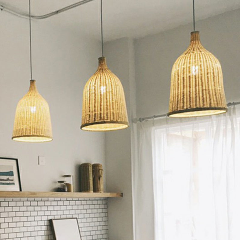 Asian Style Cloche Shaped Pendant Bamboo 1-Light Dining Room Hanging Light Fixture Clearhalo 'Ceiling Lights' 'Pendant Lights' 'Pendants' Lighting' 2326608