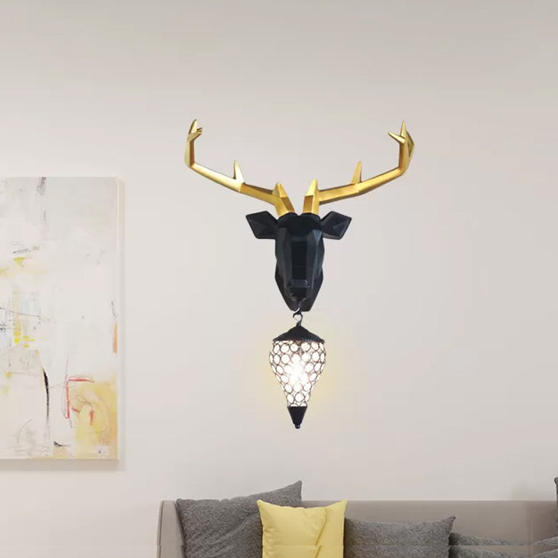 1 Light Wall Lamp Country Deer Resin Sconce Light Fixture in Black/Gold with Teardrop Crystal Shade Clearhalo 'Wall Lamps & Sconces' 'Wall Lights' Lighting' 232661