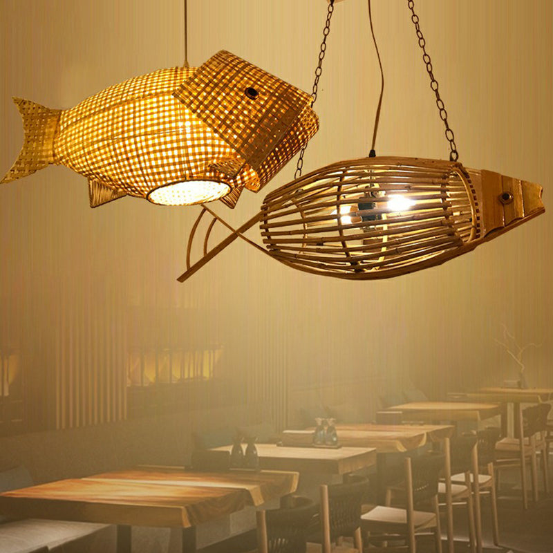 Bamboo Woven Fish Shaped Pendant Ceiling Light Asian 1-Bulb Beige Suspension Lighting for Restaurant Clearhalo 'Ceiling Lights' 'Pendant Lights' 'Pendants' Lighting' 2326623