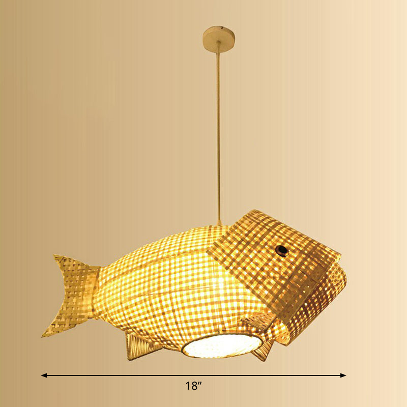 Bamboo Woven Fish Shaped Pendant Ceiling Light Asian 1-Bulb Beige Suspension Lighting for Restaurant Clearhalo 'Ceiling Lights' 'Pendant Lights' 'Pendants' Lighting' 2326624